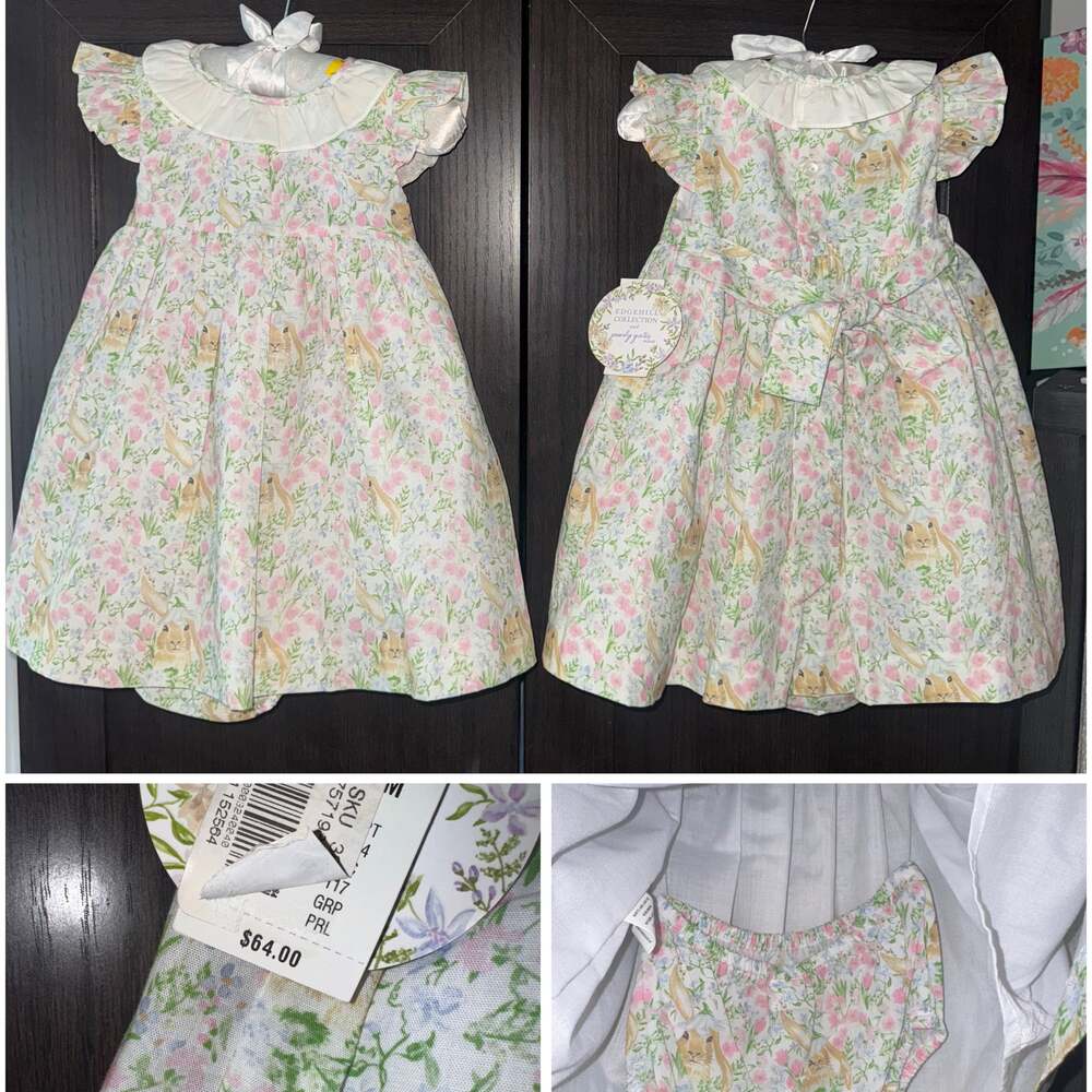 Edgehill Collection Pearl and Plum Bunny Print Baby Dress with Bloomers